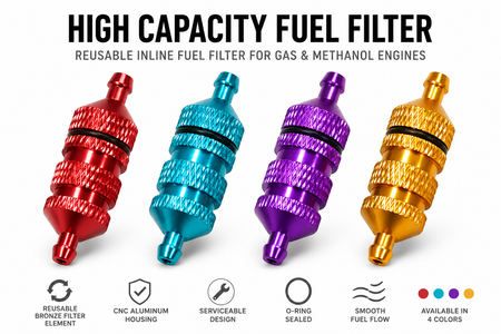 Four high capacity fuel filters in red, blue, purple, and gold on a white background with text about their features.