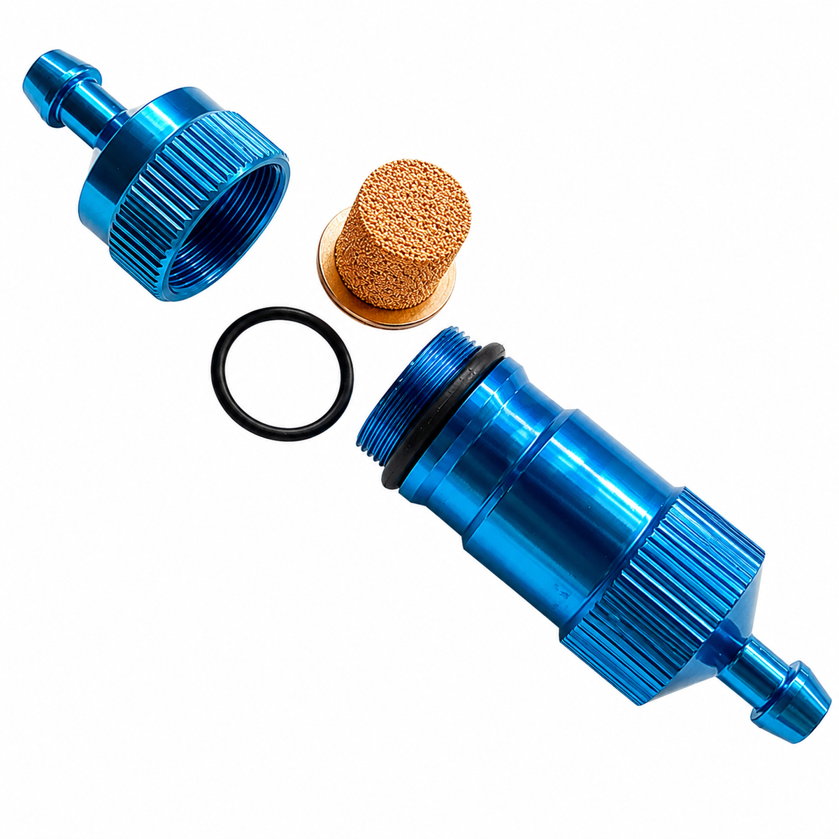 Exploded view of Gator RC High Capacity Fuel Filter showing bronze filter element and O-ring seal