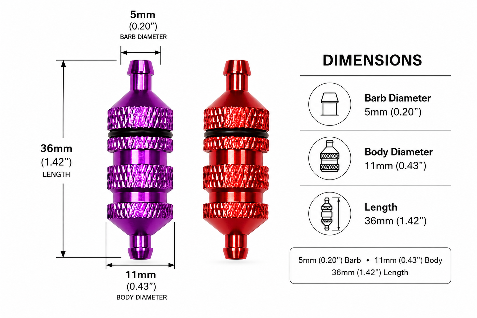 Two metal nozzles, one purple and one red, with dimensions labeled on a white background.