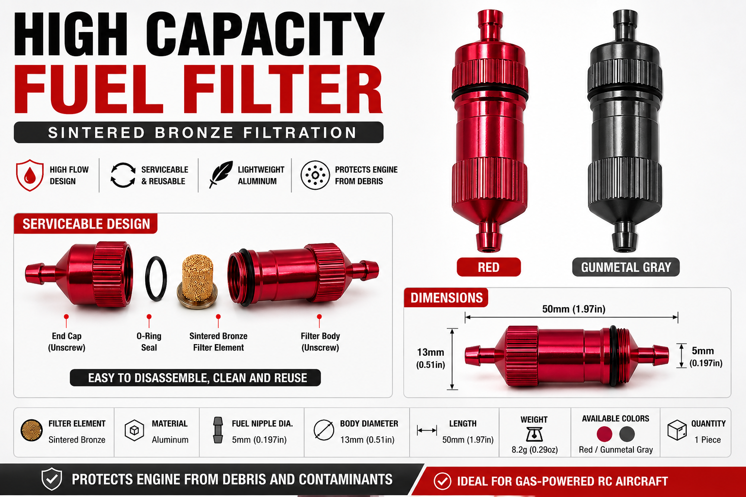 High capacity fuel filter with red and gunmetal gray options, featuring sintered bronze filtration.
