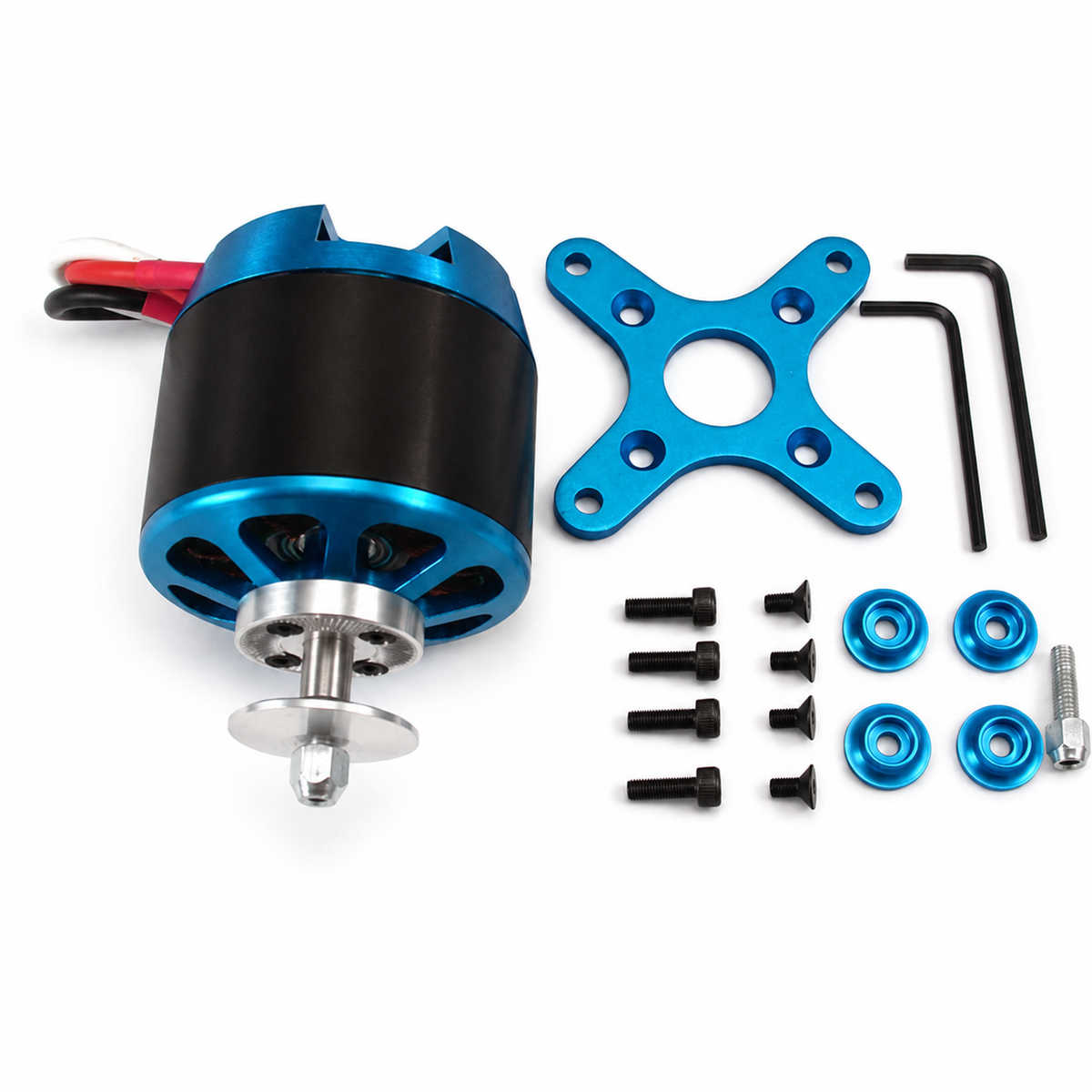 A brushed brushless motor kit with a blue and black motor, a blue four-spoke mounting plate, screws, washers, and Allen wrenches on a white background.