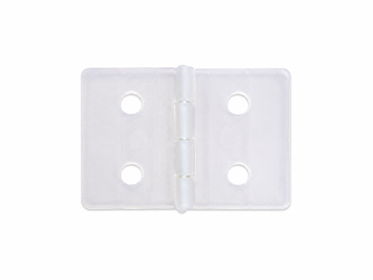 Clear plastic hinge on a white background