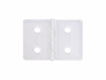 Clear plastic hinge on a white background