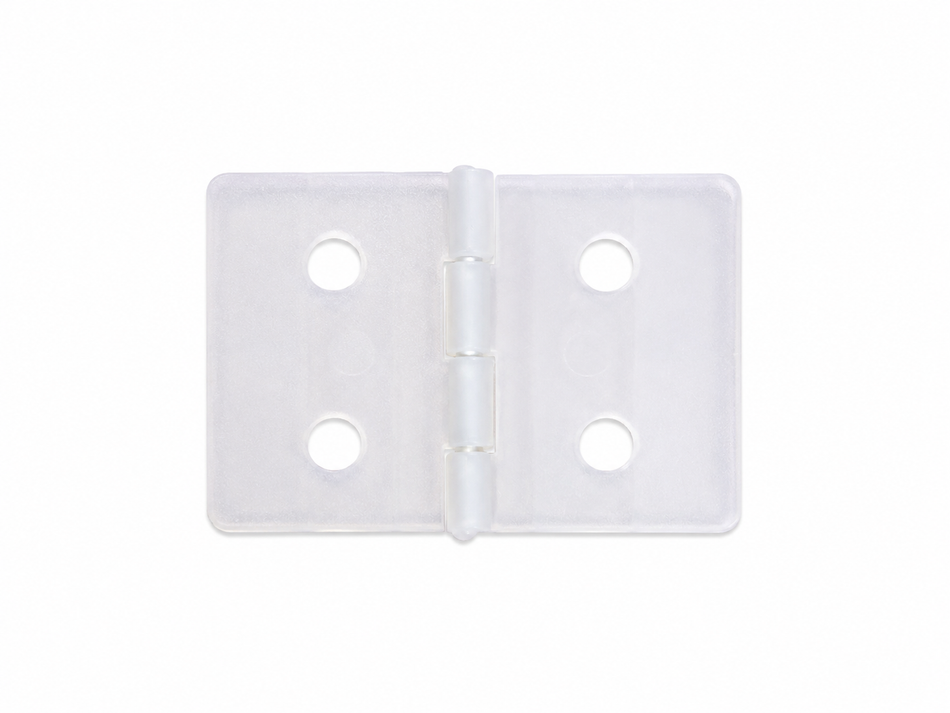 Clear plastic hinge on a white background