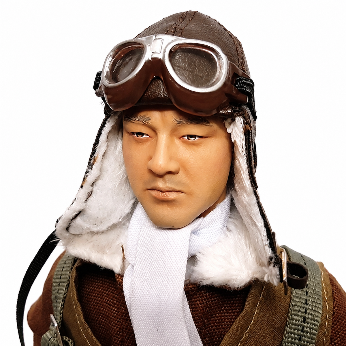 WarbirdPilots WWII Japanese RC pilot with brown flight suit, goggles, white scarf, and parachute harness