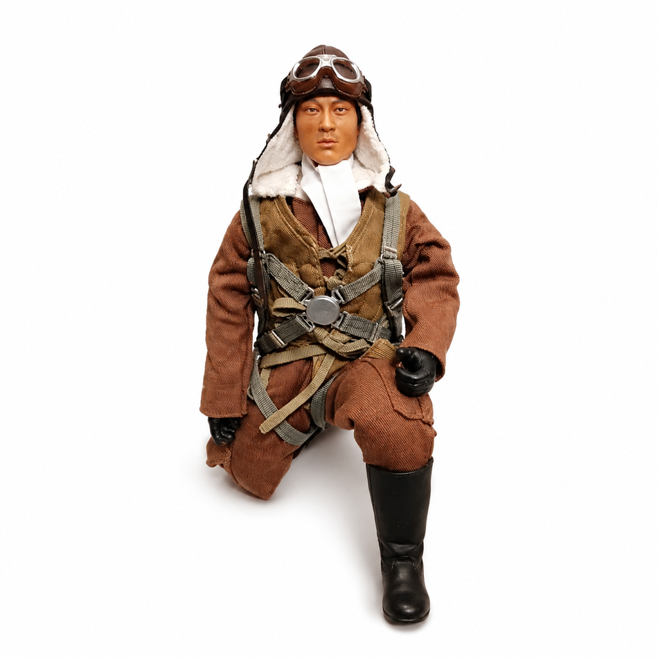 WarbirdPilots WWII Japanese RC pilot with brown flight suit, goggles, white scarf, and parachute harness