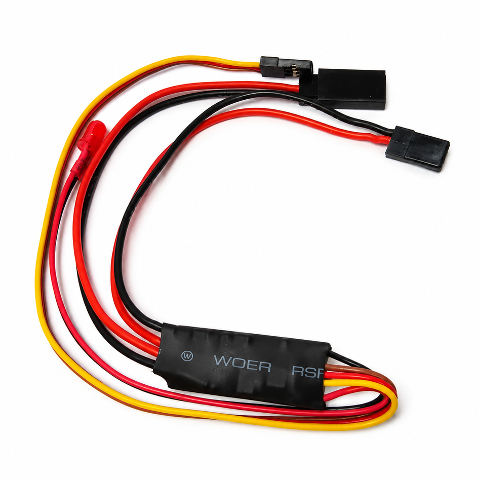 A 3-pin servo motor wire harness with a black central controller housing, featuring red, black, and yellow wires leading to two black connectors, photographed on a white background.