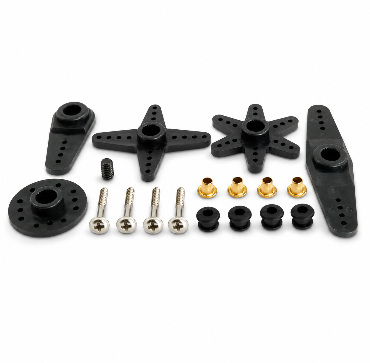 Set of black mechanical parts and screws on a white background