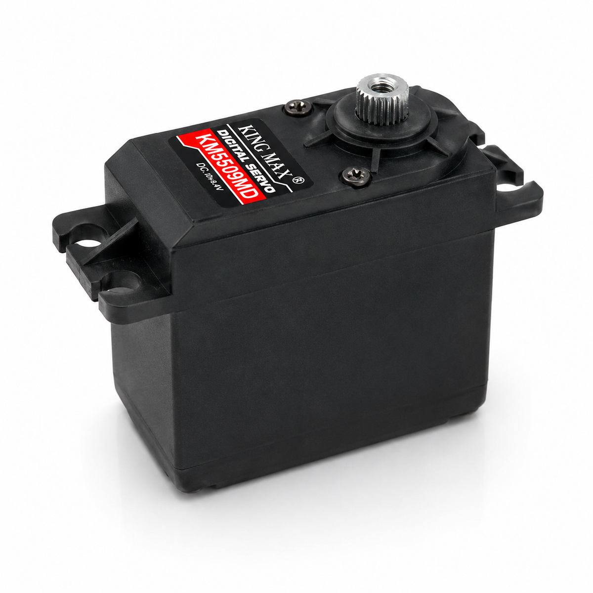 Black servo motor with visible branding on a white background