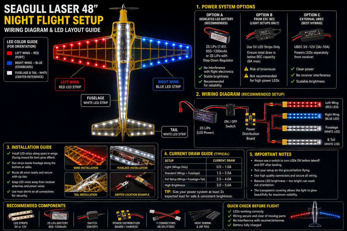 Wiring diagram and LED layout guide for a Seagull Laser 48" night flight setup on a black background.