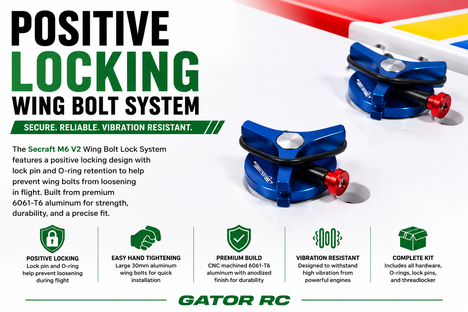 Promotional graphic for the Gator RC Positive Locking Wing Bolt System, showing two blue wing bolts with red lock nuts on a white background with product features and text.