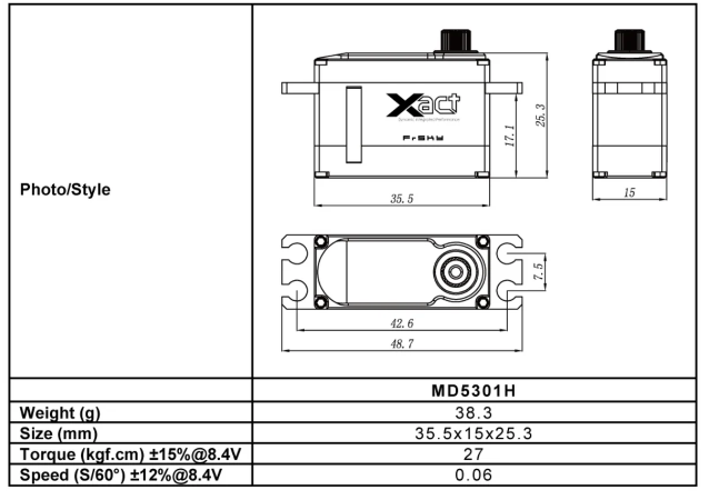 FrSky XACT Mini CORELESS SERIES MD5301H High-Voltage Servo 375 oz