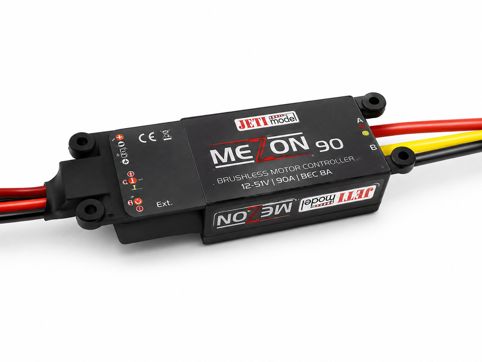 MEZON 90 brushless motor controller with red and yellow wires on a white background