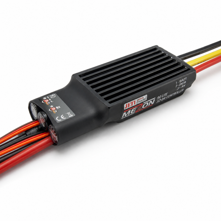 Black electronic component with red and yellow wires on a white background