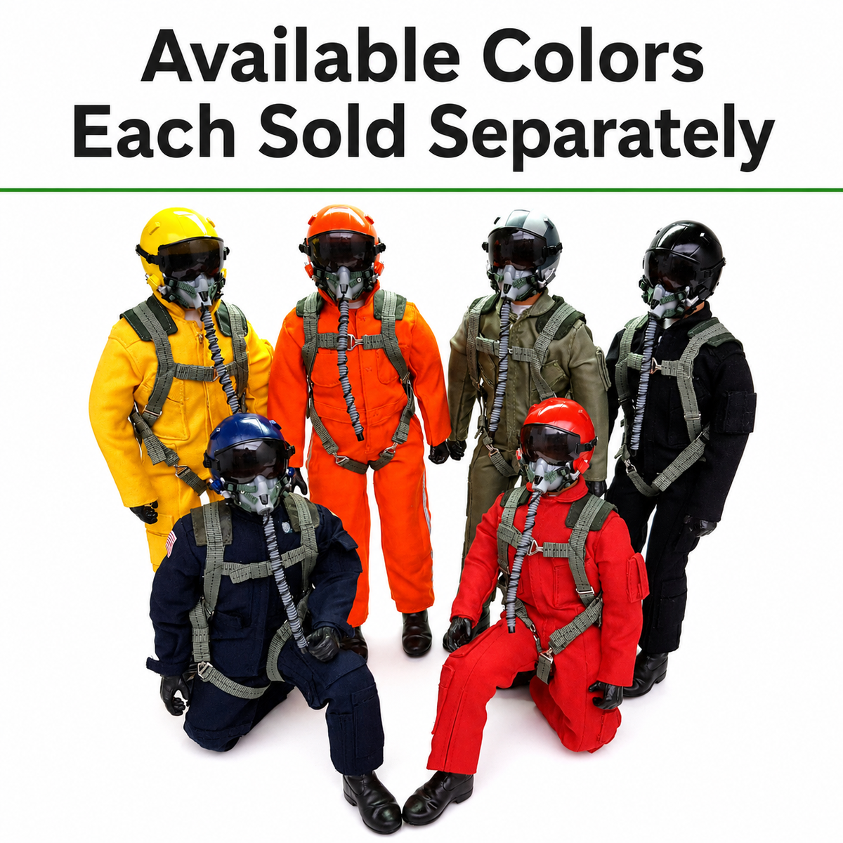 Six military-style flight suits in different colors (yellow, orange, olive green, black, navy, and red) displayed on mannequins with helmets and masks. The text at the top reads 'Available Colors Each Sold Separately'.