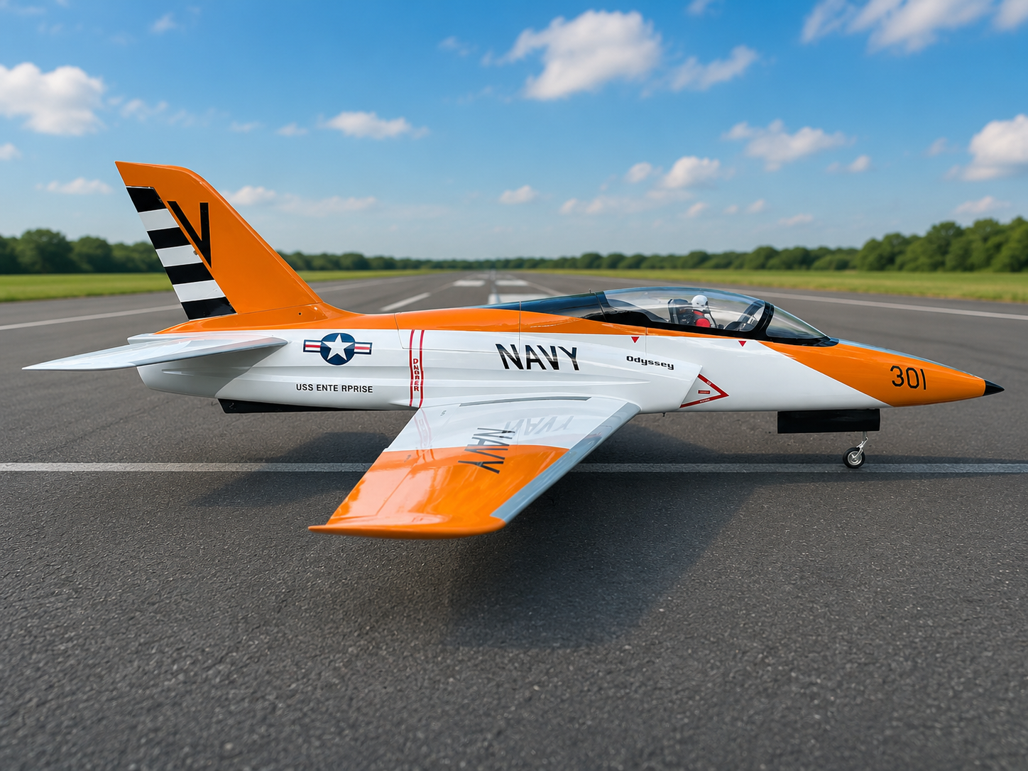 Top RC Model Odyssey Navy EDF Jet on Runway – Side Profile Hero Image