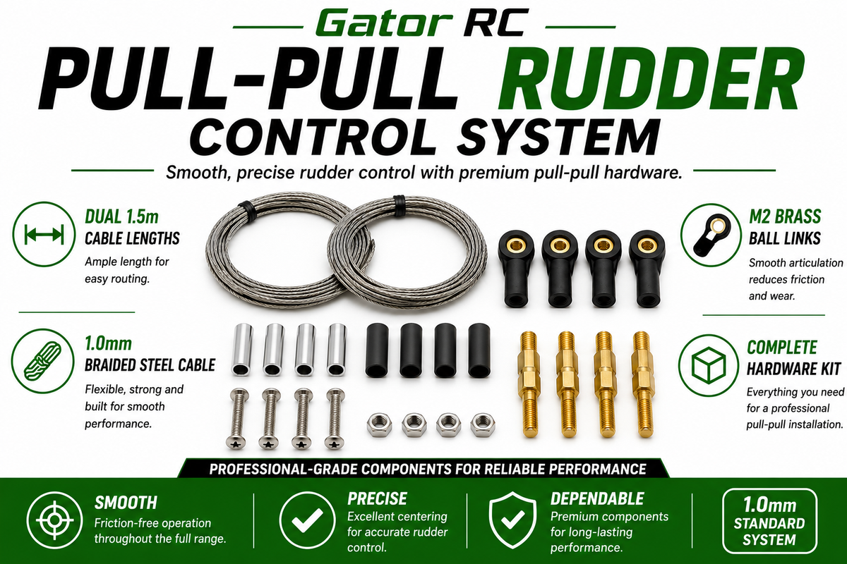 Gator RC pull-pull rudder control system with components on a white background