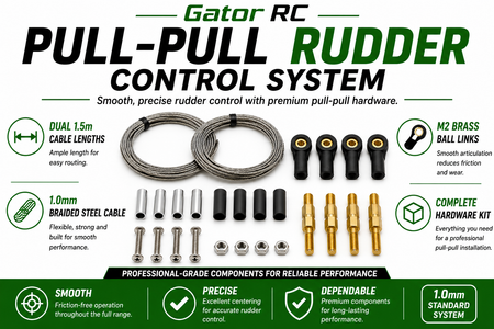 Gator RC pull-pull rudder control system with components on a white background