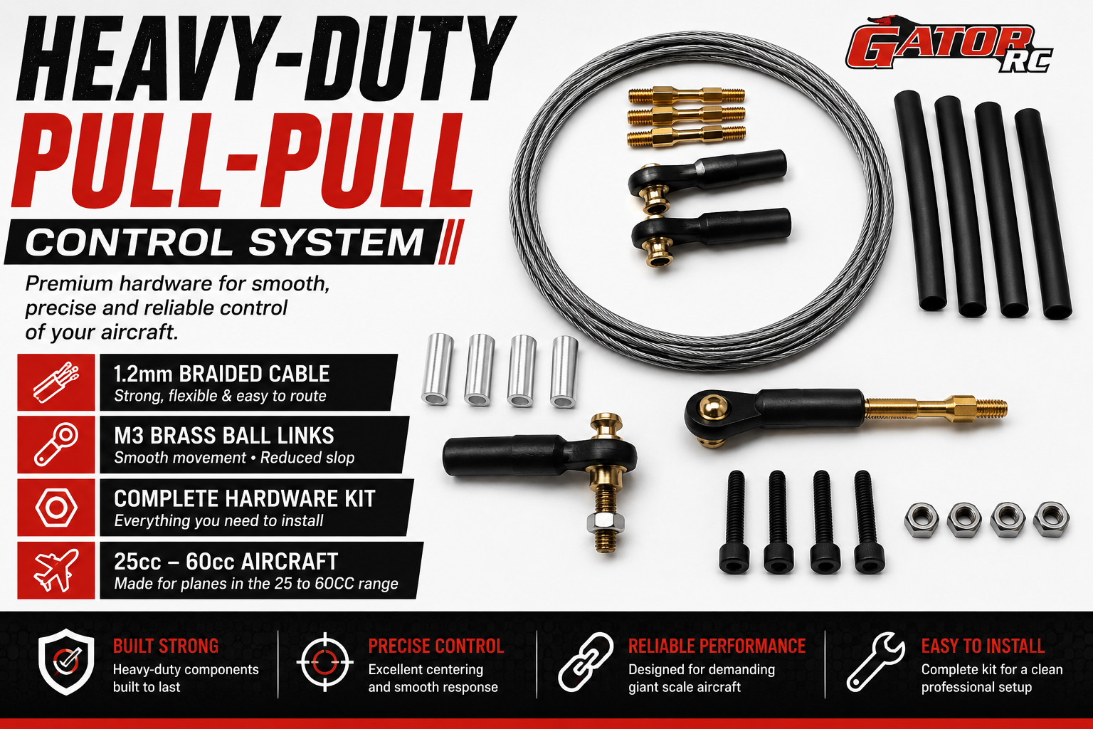 Heavy-duty pull-pull control system kit with components on a white background