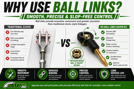 Comparison chart of traditional clevis vs M3 ball links with Gator RC branding.
