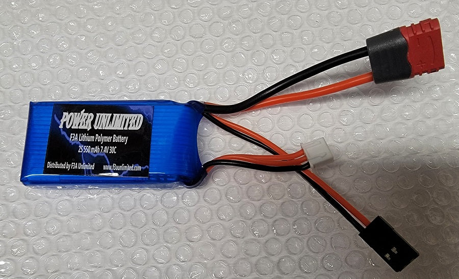 2s, 550mAh, 7.4V 30C Receiver Lipo Batteries (Power Unlimited) With T-plug and JR Universal plug
