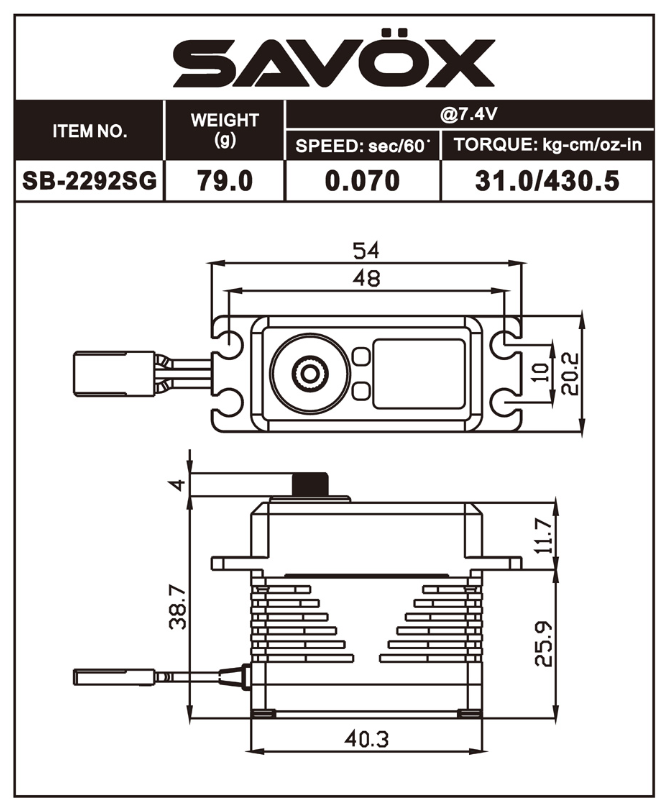 Savox SB2292SG - Monster Performance, Brushless Servo Black Savox SB2292SG - Monster Performance, Brushless Servo Black