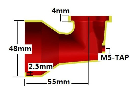 Technical drawing of a red component with dimensions labeled on a white background
