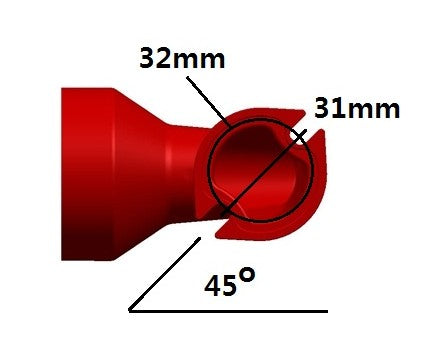 Red component with measurements labeled on a white background