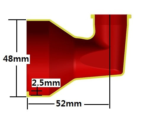 Red plastic component with yellow border and measurements on a white background