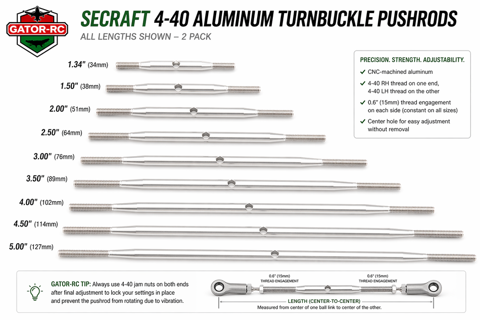 Secraft 4-40 Aluminum Turnbuckle Pushrods (2-Pack) - Multiple Sizes