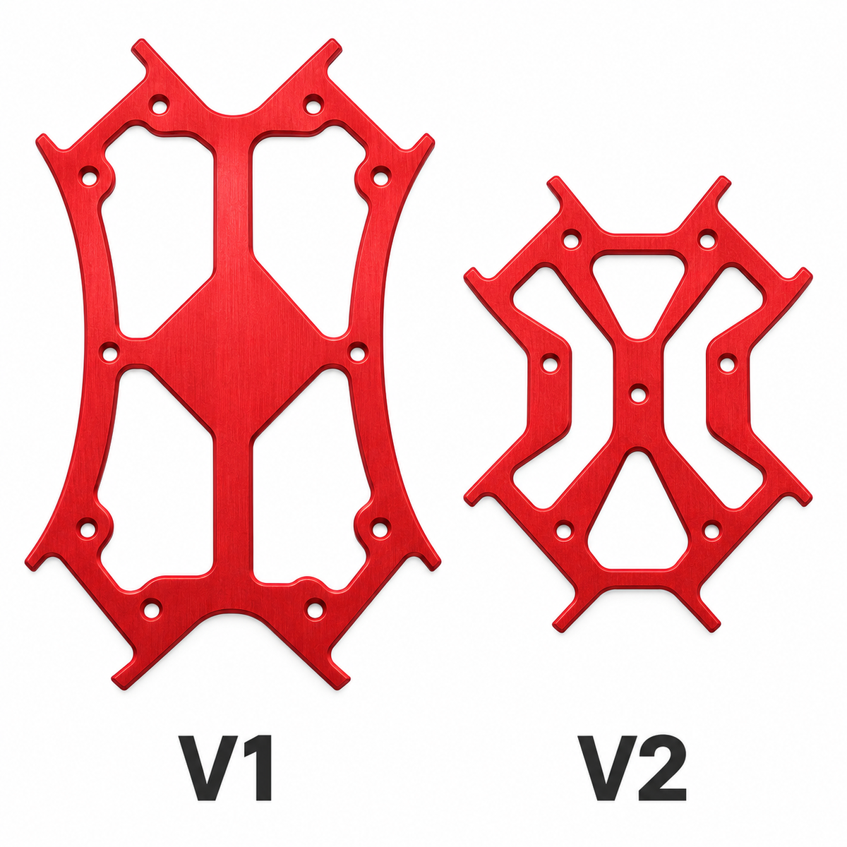 Two red anodized aluminum drone motor mounts labeled V1 and V2, shown side-by-side on a white background.