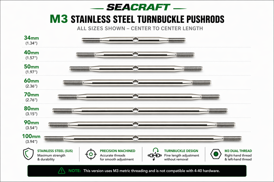 Secraft Stainless Steel  M3 Turnbuckle Pushrods (2-Pack) - Multiple Sizes
