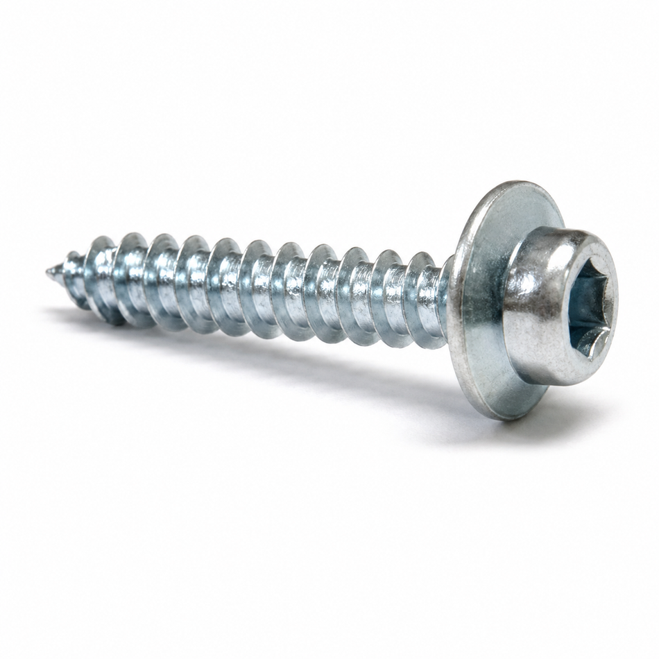 A single silver metal screw with a slotted hex head, shown on a clean white background.