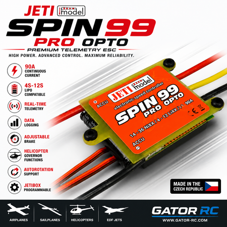 JETI SPIN 99 PRO OPTO electronic speed controller with features listed on a white background