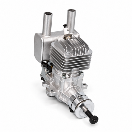 tinger 20cc RE gas engine, front view showing rear exhaust muffler and propeller shaft.