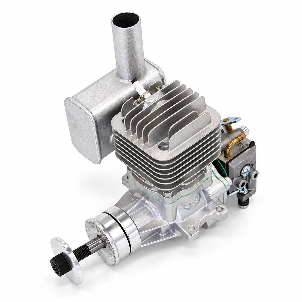 Top angled view of Stinger 20cc SE side exhaust gas engine showing cooling fins and carburetor.