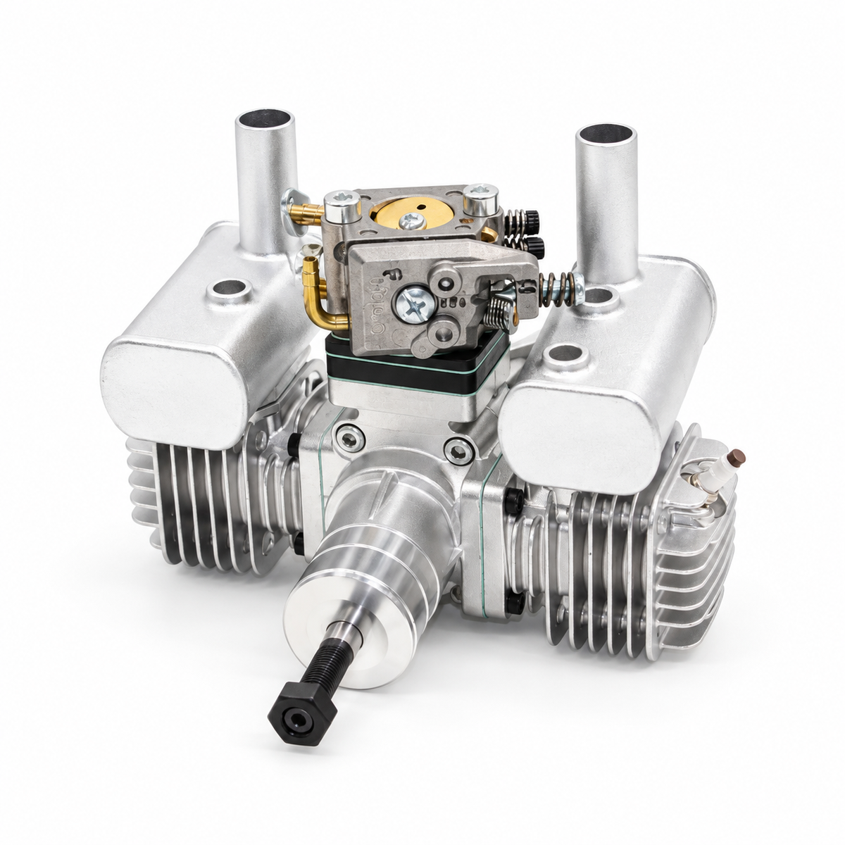 Front view of Stinger 20cc Twin gas engine showing carburetor, opposed cylinders, and dual mufflers.
