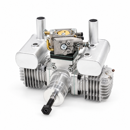Front view of Stinger 20cc Twin gas engine showing carburetor, opposed cylinders, and dual mufflers.