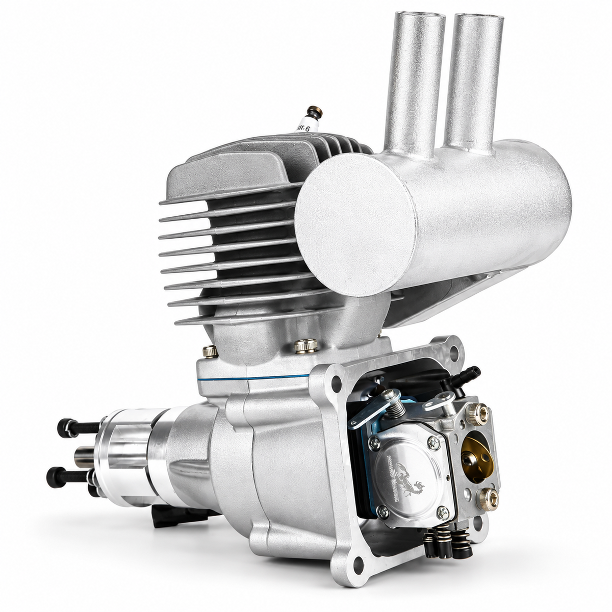 RCGF Stinger Pro 63cc SE gas RC airplane engine with stock muffler, rear carburetor view