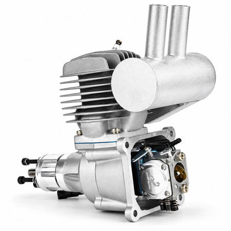 RCGF Stinger Pro 63cc SE gas RC airplane engine with stock muffler, rear carburetor view