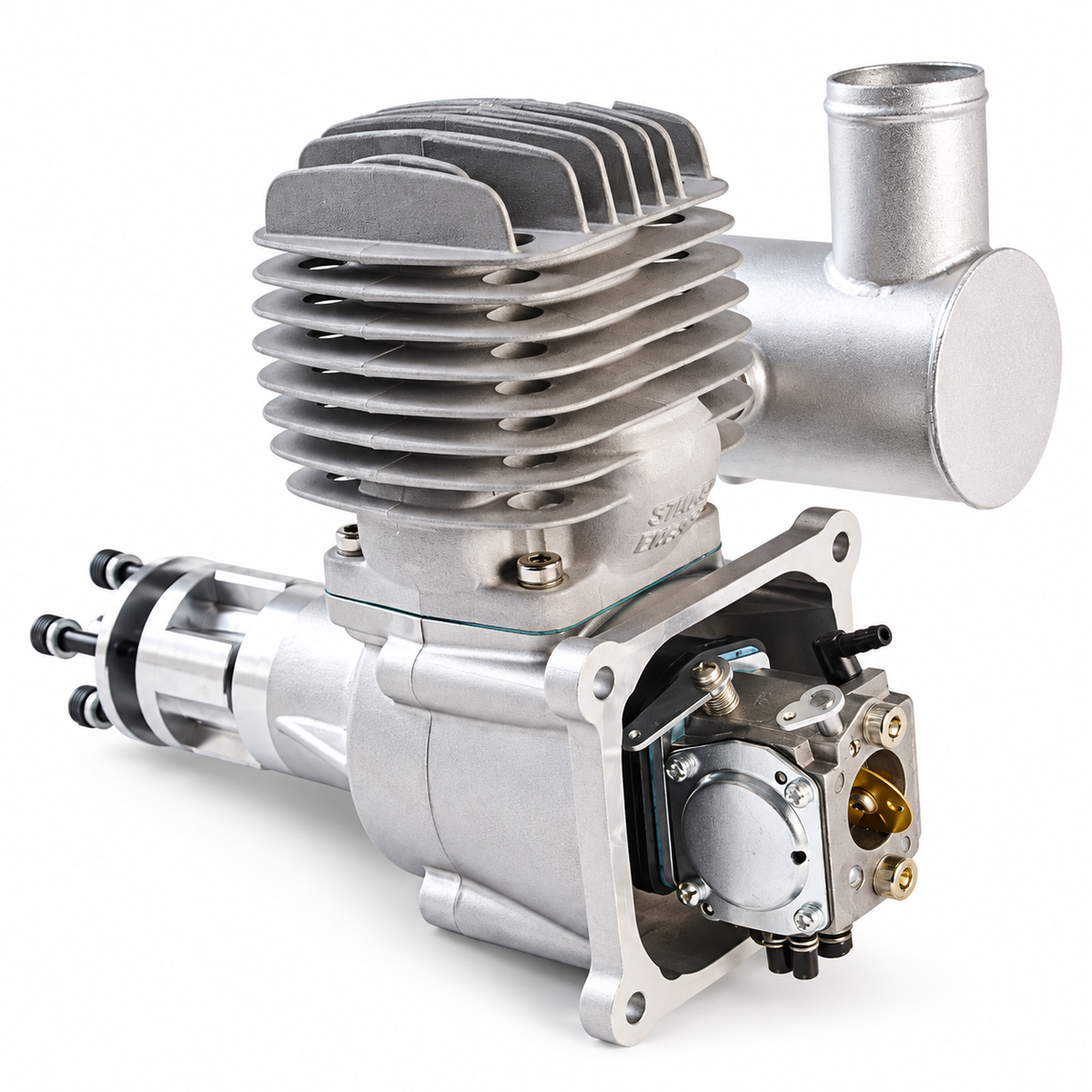 RCGF Stinger Pro 63cc SE gas RC airplane engine with stock muffler, rear carburetor view
