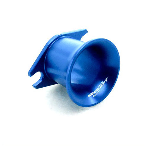 Blue funnel-shaped object with a brand logo on a white background