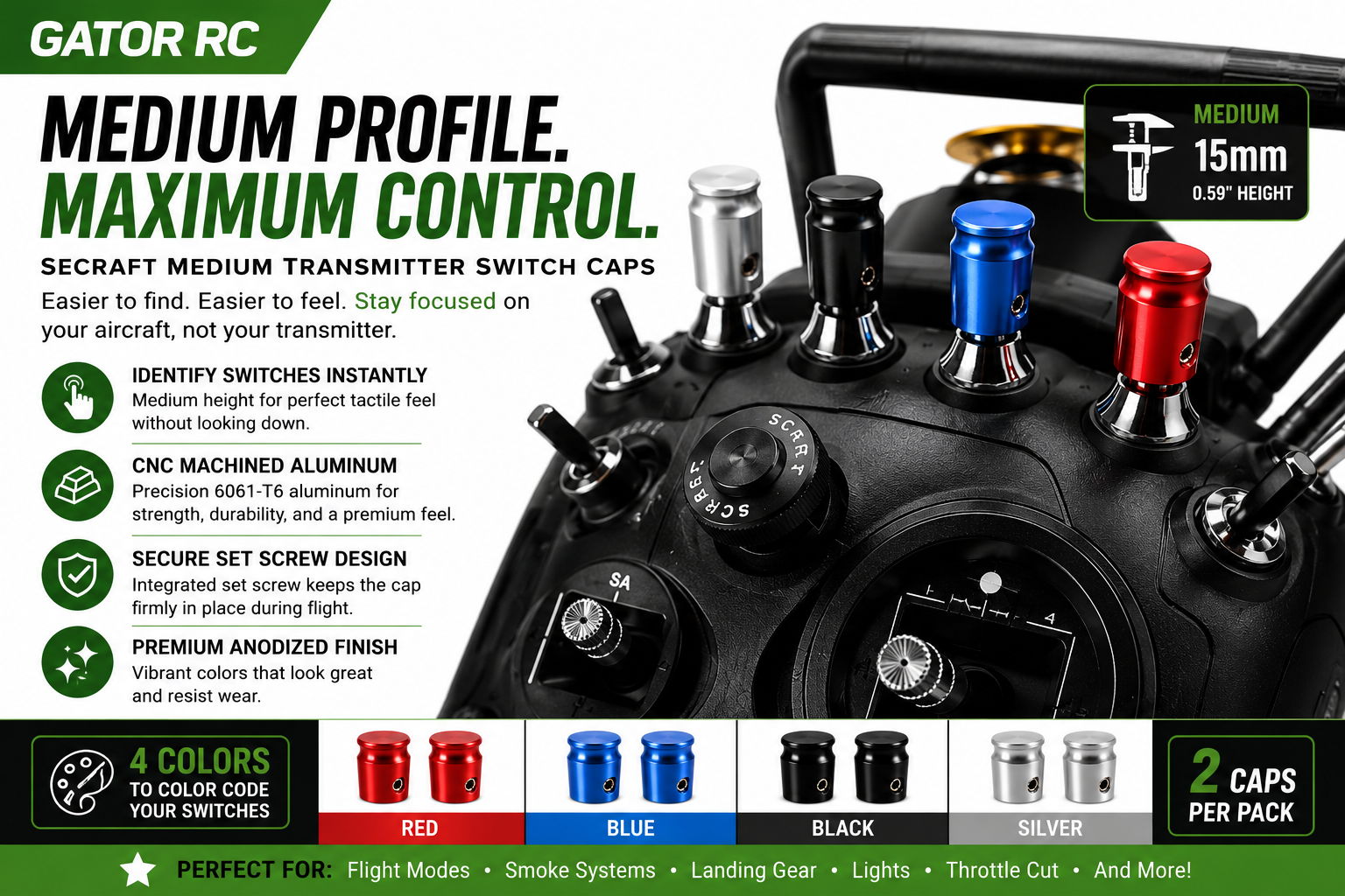 Gator RC medium profile transmitter switch caps with color options and features.