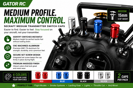 Gator RC medium profile transmitter switch caps with color options and features.