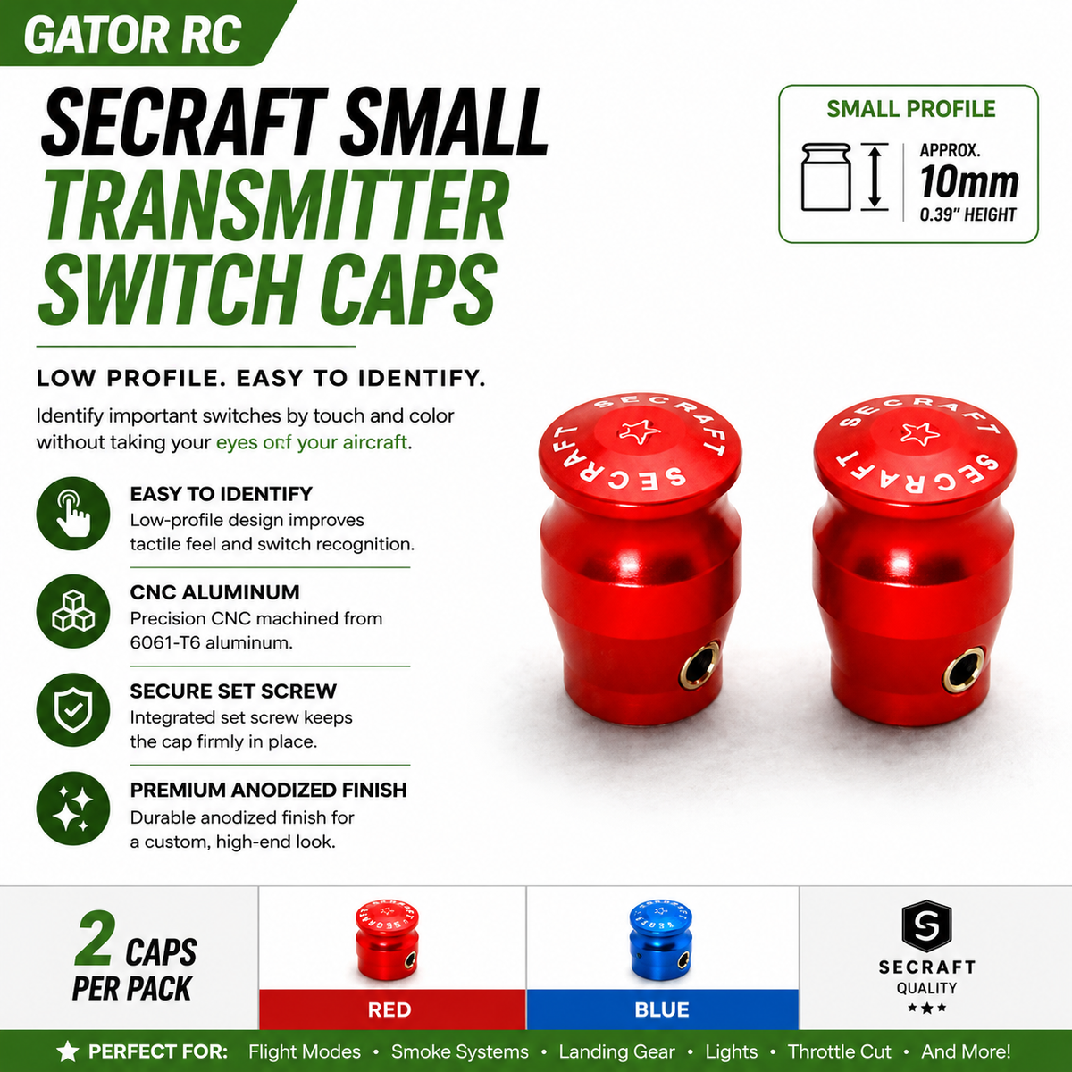 Red transmitter switch caps with Gator RC branding on a white background