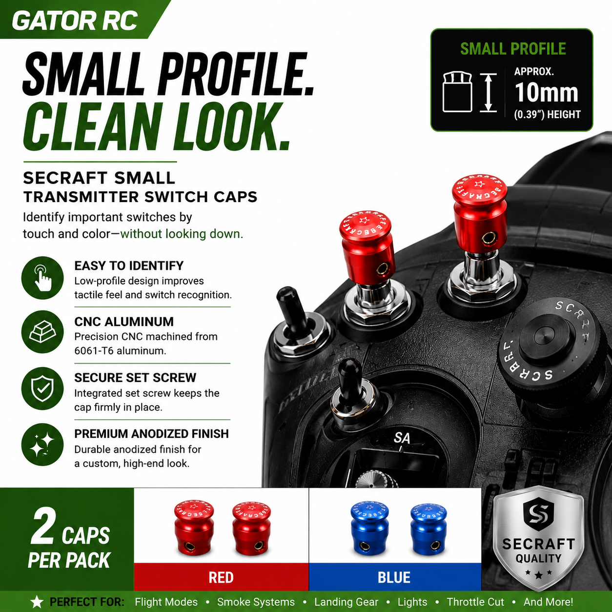Gator RC small profile transmitter switch caps with red and blue options on a black background.