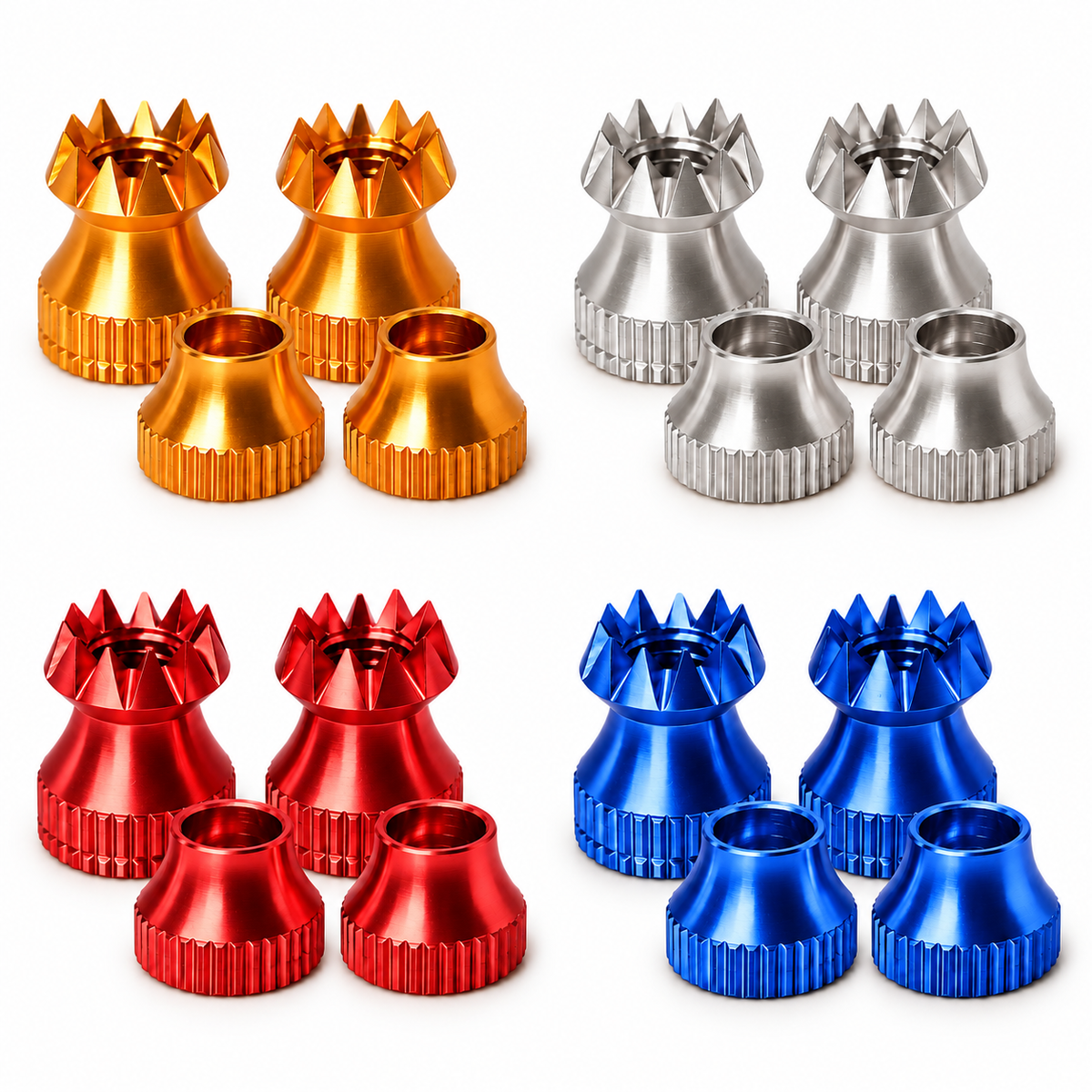 Secraft V2 M3 transmitter stick ends with matching bases in Gold, Silver, Red, and Blue on a white background.