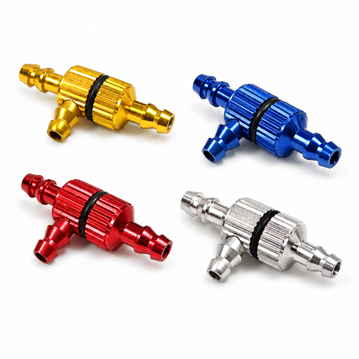 Gold, Red, Blue and Silver Gator RC 3-Way Fuel Line Nozzle with Filter - Professional Fuel Routing