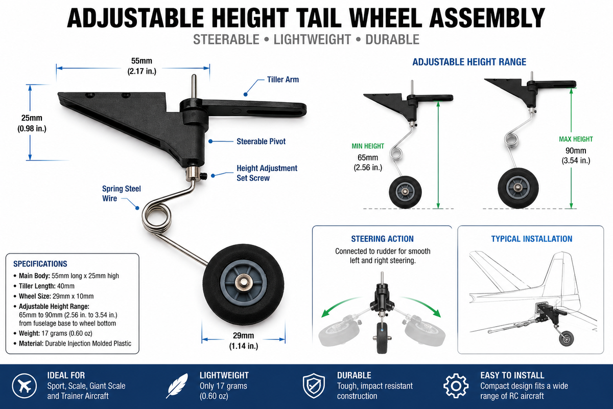Gator RC adjustable height steerable tail wheel assembly for RC airplanes