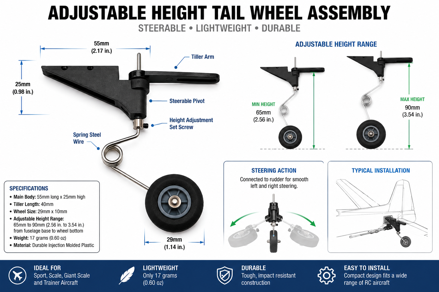 Gator RC adjustable height steerable tail wheel assembly for RC airplanes